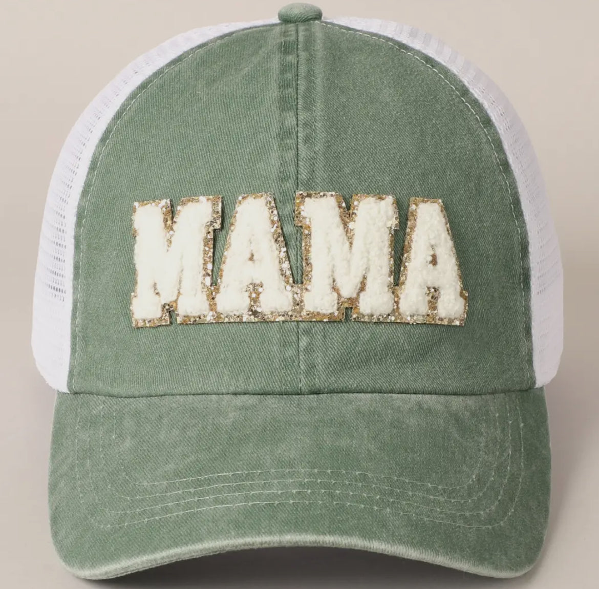 MAMA Chenille Glitter Letter Patch Cap - Sage
